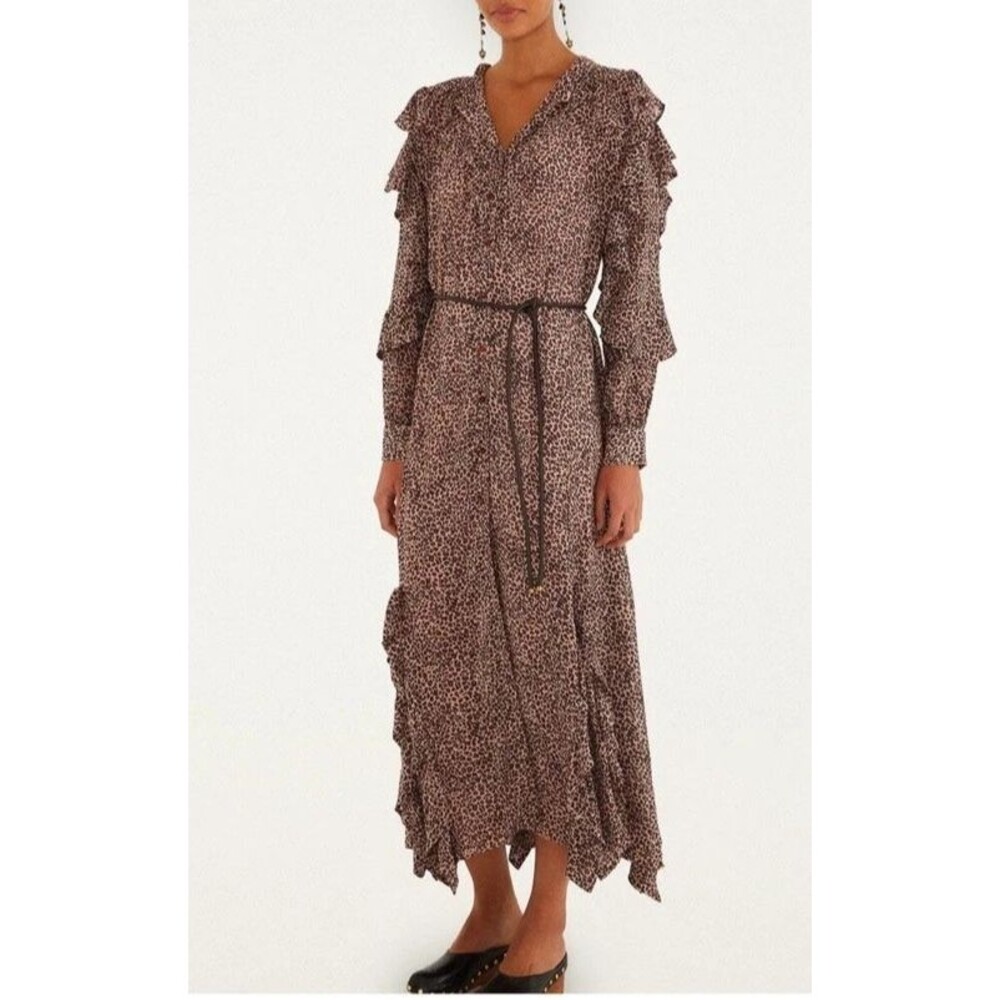 Farm Rio Relaxing Baby Leopard Long Sleeve Angled Frill Maxi Dress sz S new $398